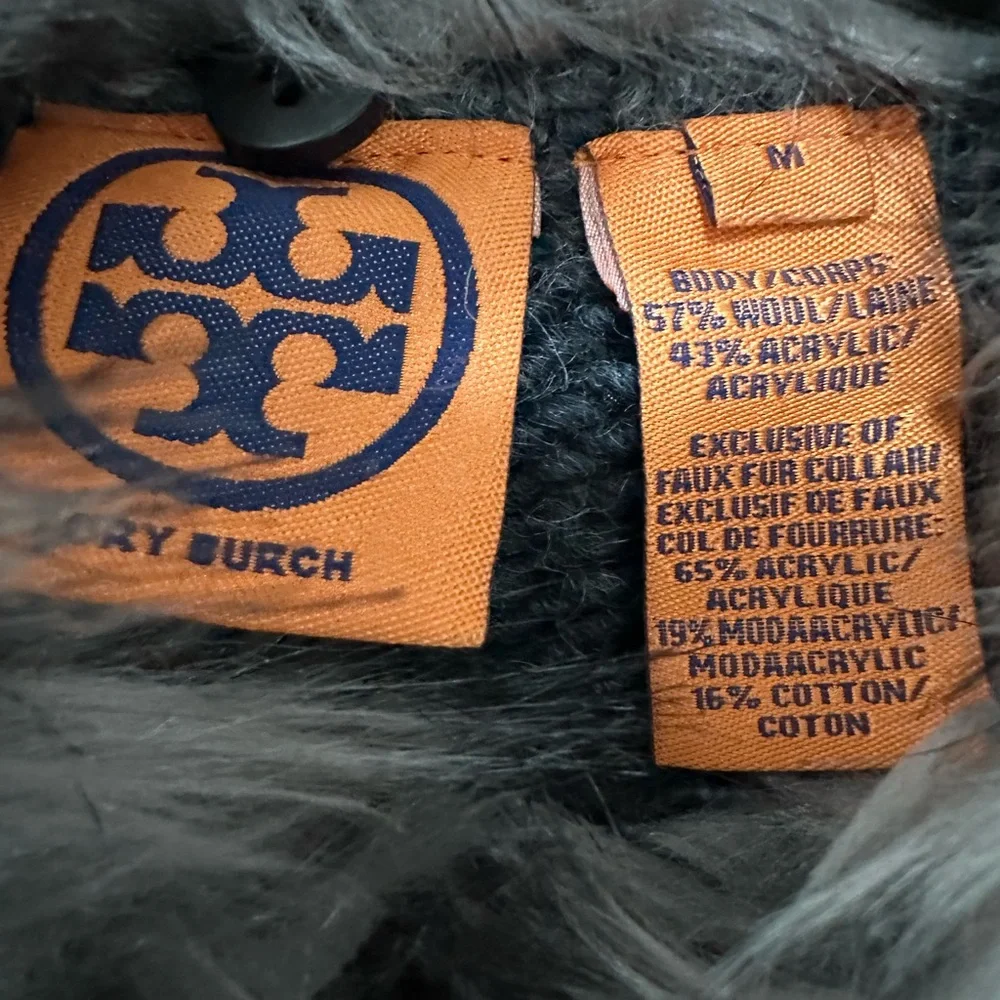 Tory Burch Luxe Wool Blend Faux Fur Collar Sweater Jacket Size M - Picture 4 of 9